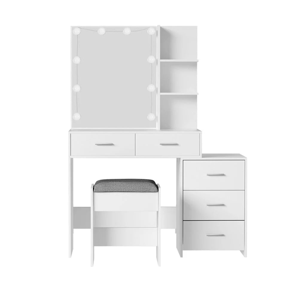 White dressing table vanity with handles, panels and accessory pieces
