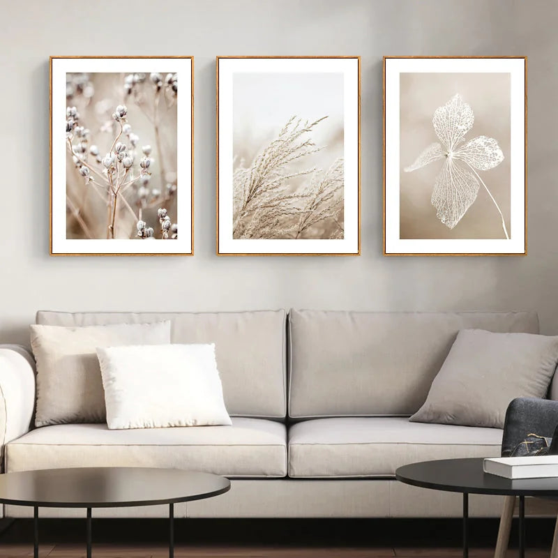 Dried Flower Wall Art - 3 Sets Wood Frame Canvas 50cm x