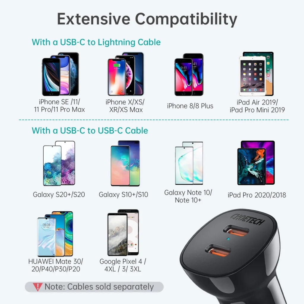 Dual USB-C 36W Car Charger Adapter Black - CHOETECH