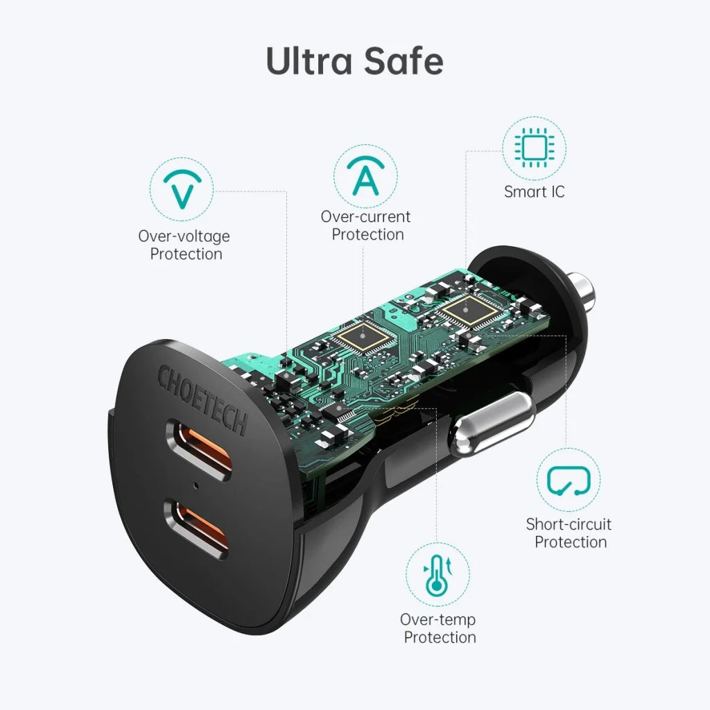 Dual USB-C 36W Car Charger Adapter Black - CHOETECH