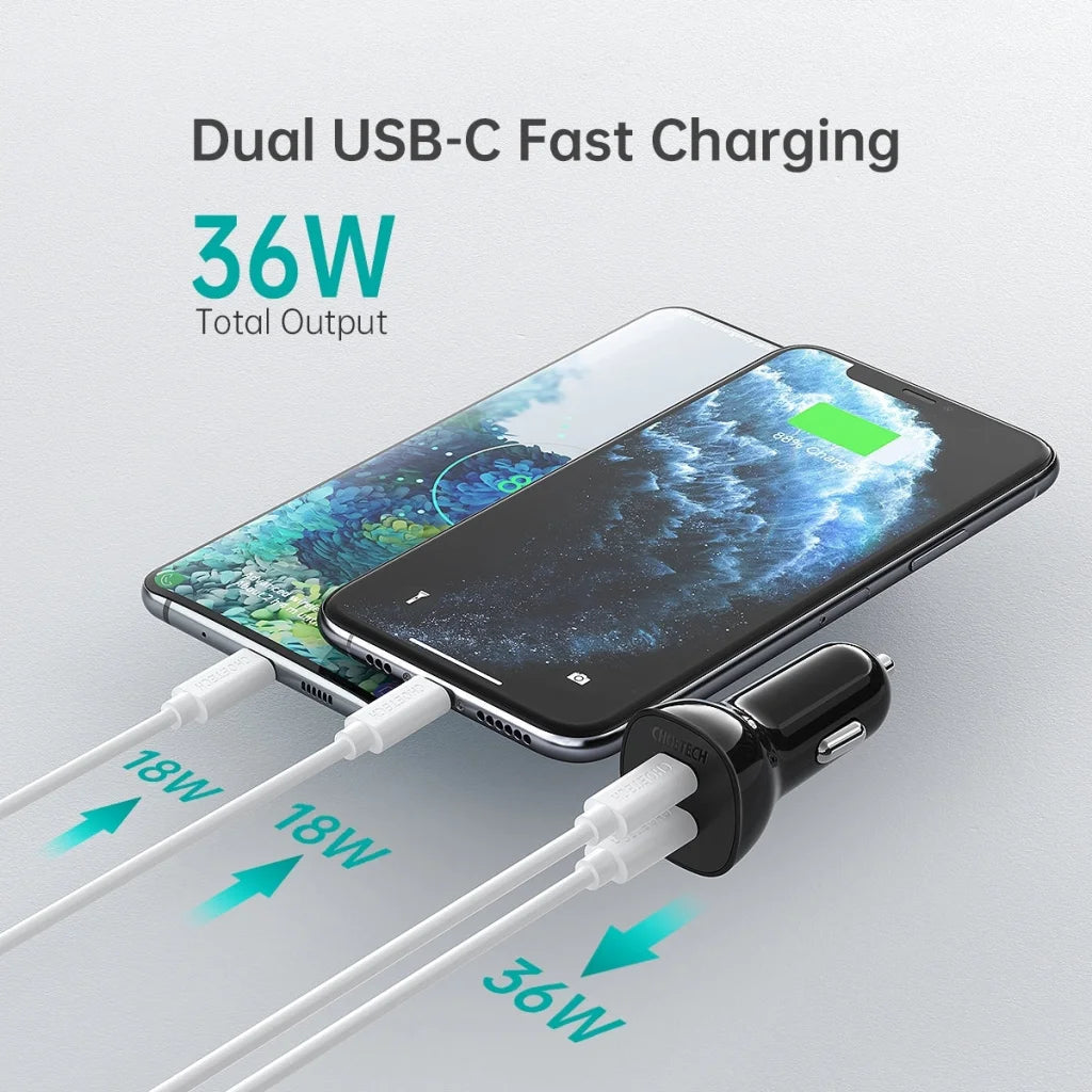 Dual USB-C 36W Car Charger Adapter Black - CHOETECH