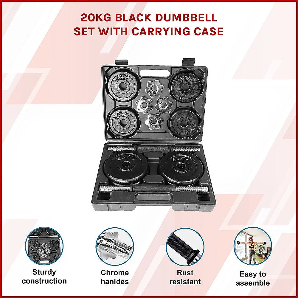 Dumbbell Set 20KG Black with Carrying Case - Fitness