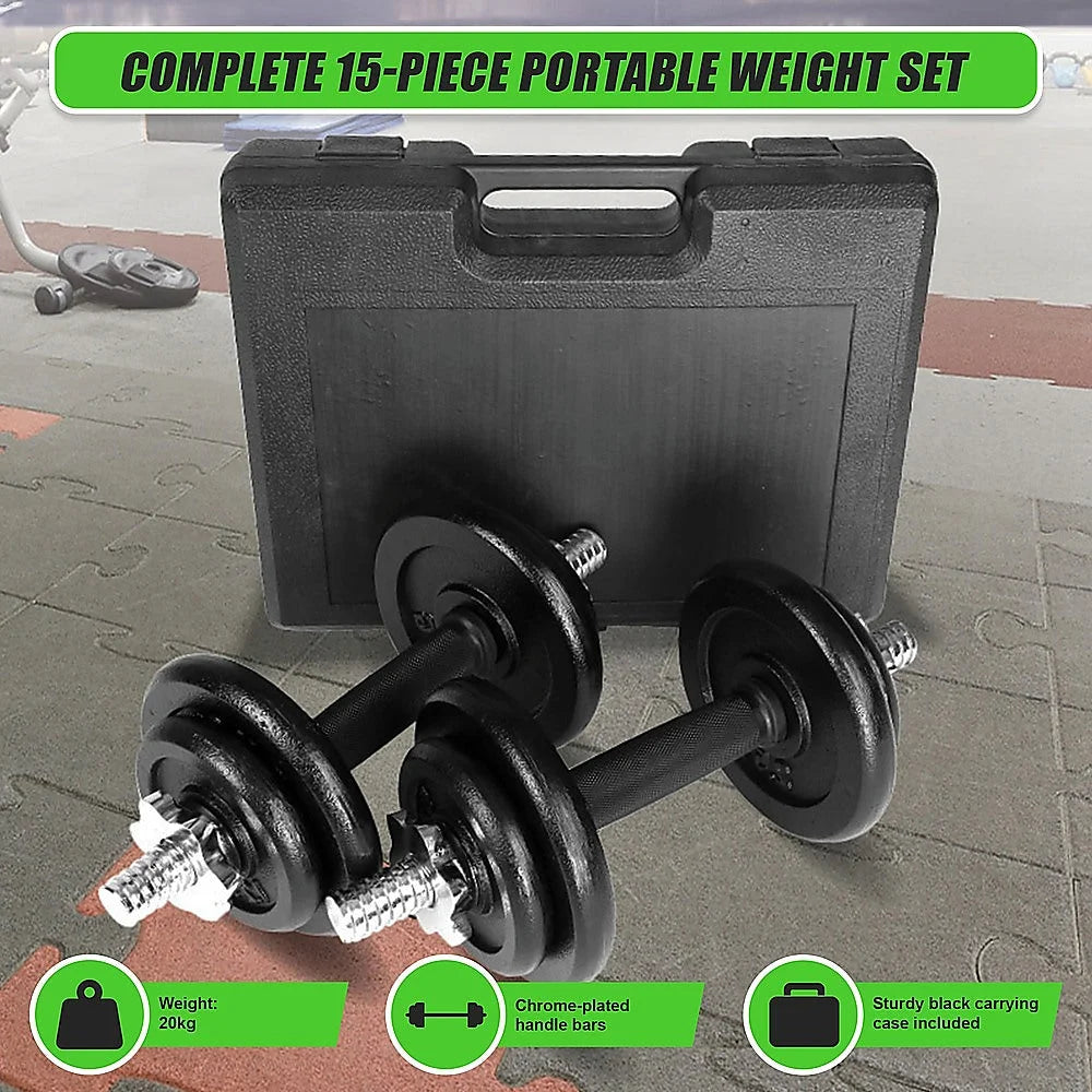 Dumbbell Set 20KG Black with Carrying Case - Fitness