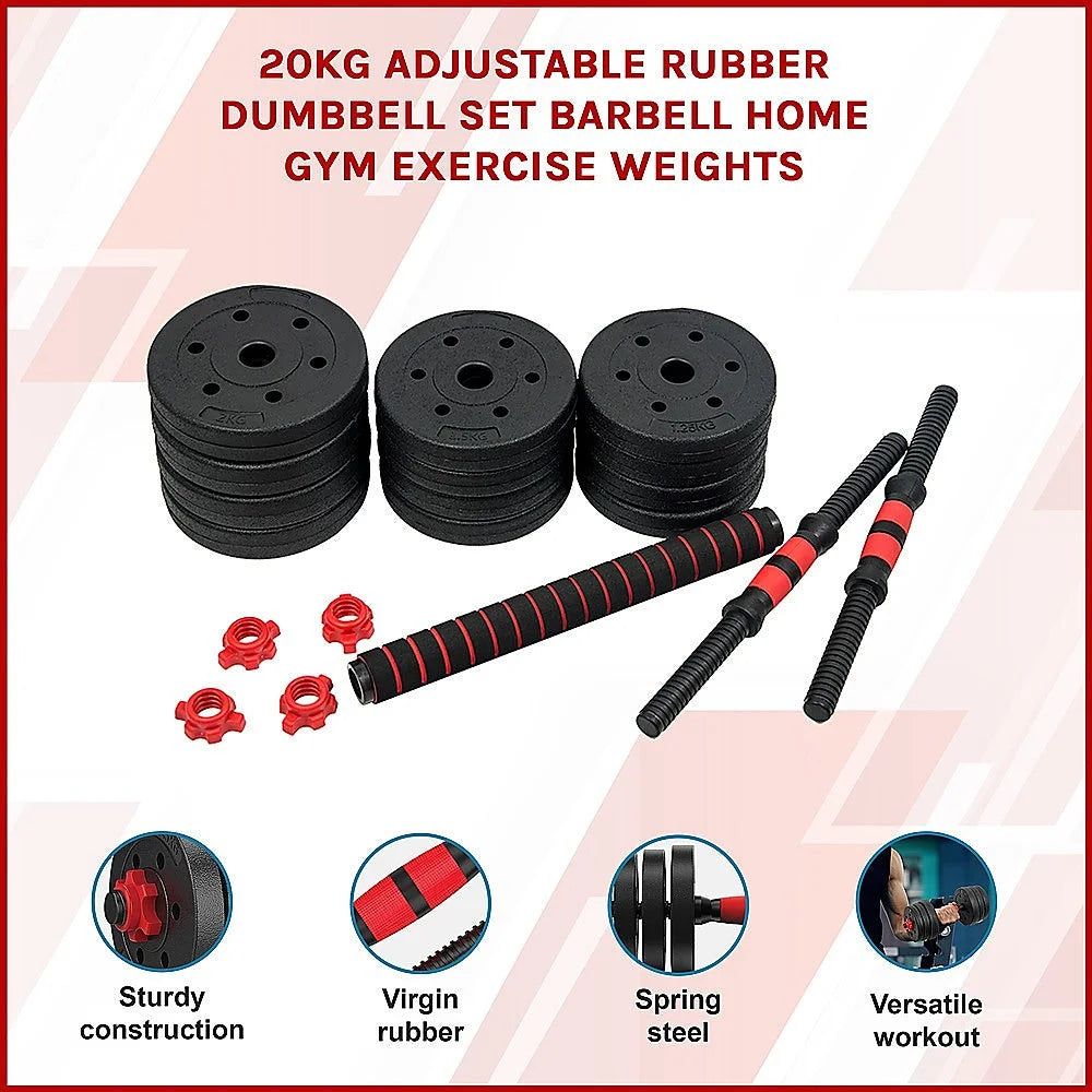 Dumbbell Set Adjustable 20kg Rubber Barbell Home Gym