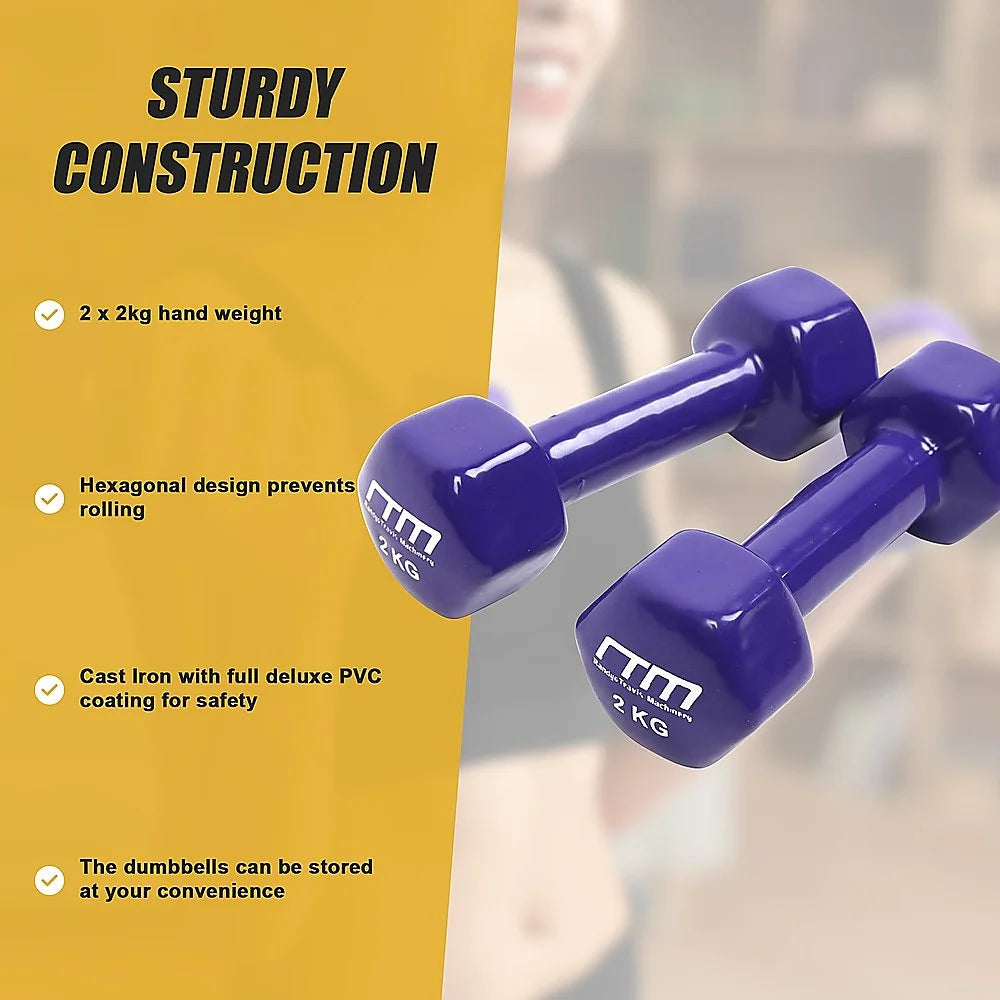 Dumbbells Pair 2KG PVC Hand Weights Rubber Coated - Fitness