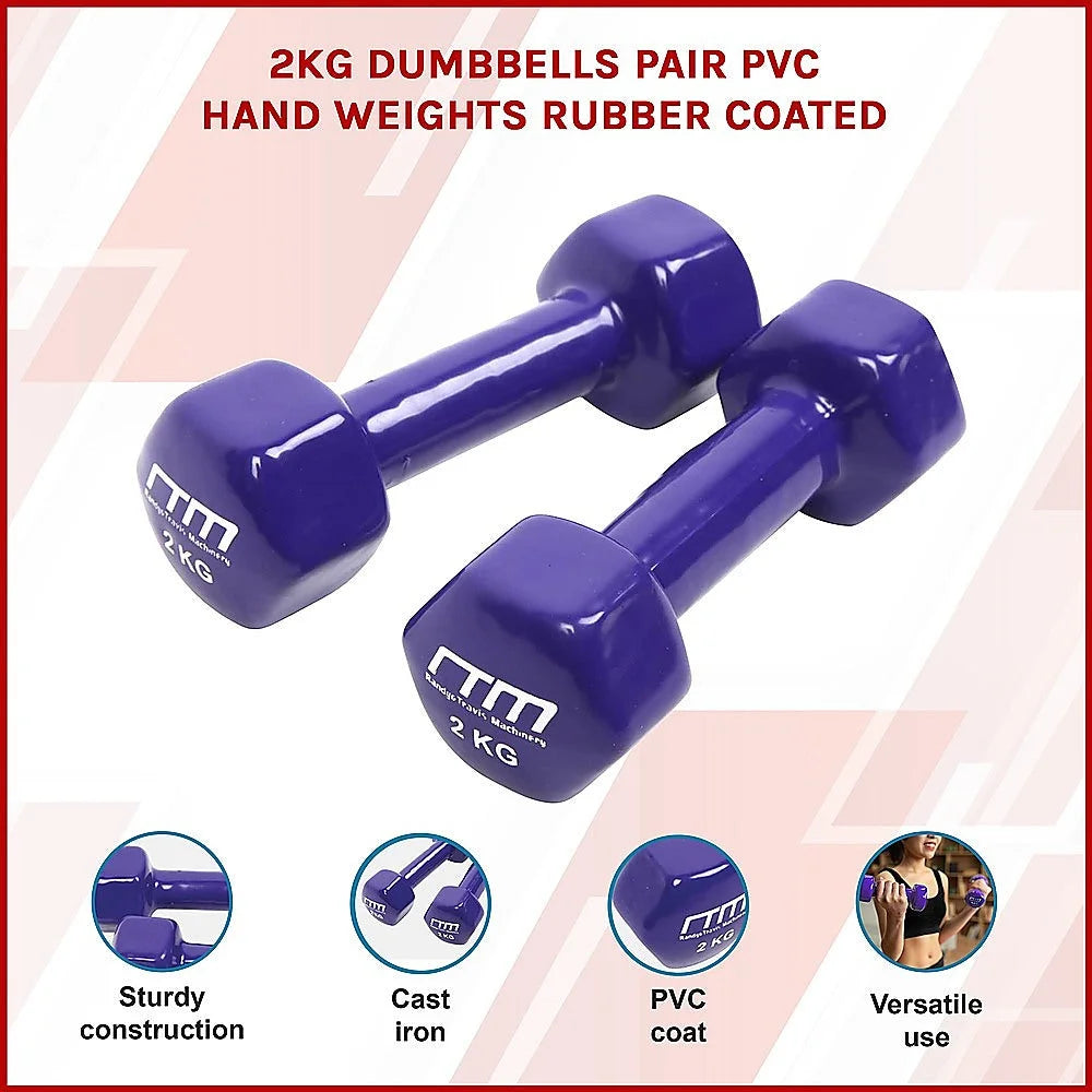Dumbbells Pair 2KG PVC Hand Weights Rubber Coated - Fitness