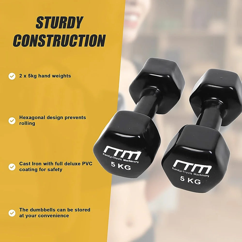 Dumbbells Pair 5KG PVC Hand Weights Rubber Coated - Fitness