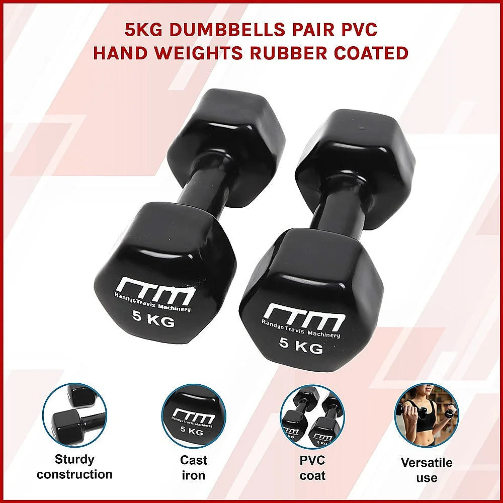 Dumbbells Pair 5KG PVC Hand Weights Rubber Coated - Fitness