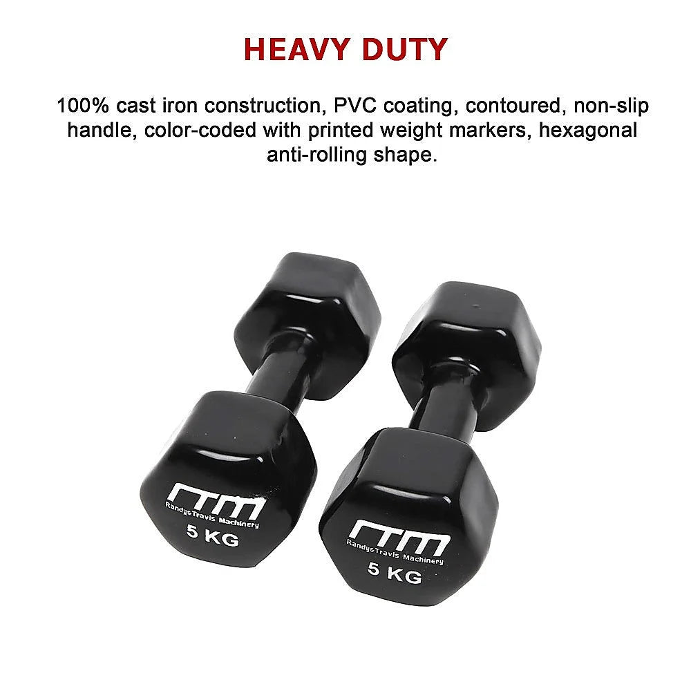 Dumbbells Pair 5KG PVC Hand Weights Rubber Coated - Fitness