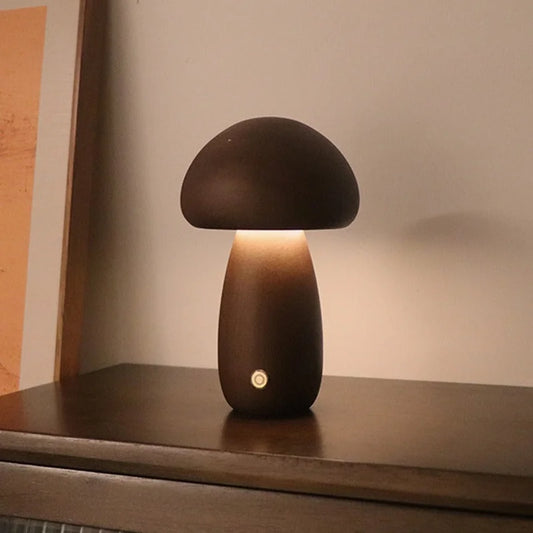 Dun-dun Model Dark Brown Solid Wood Mushroom LED Table Lamp