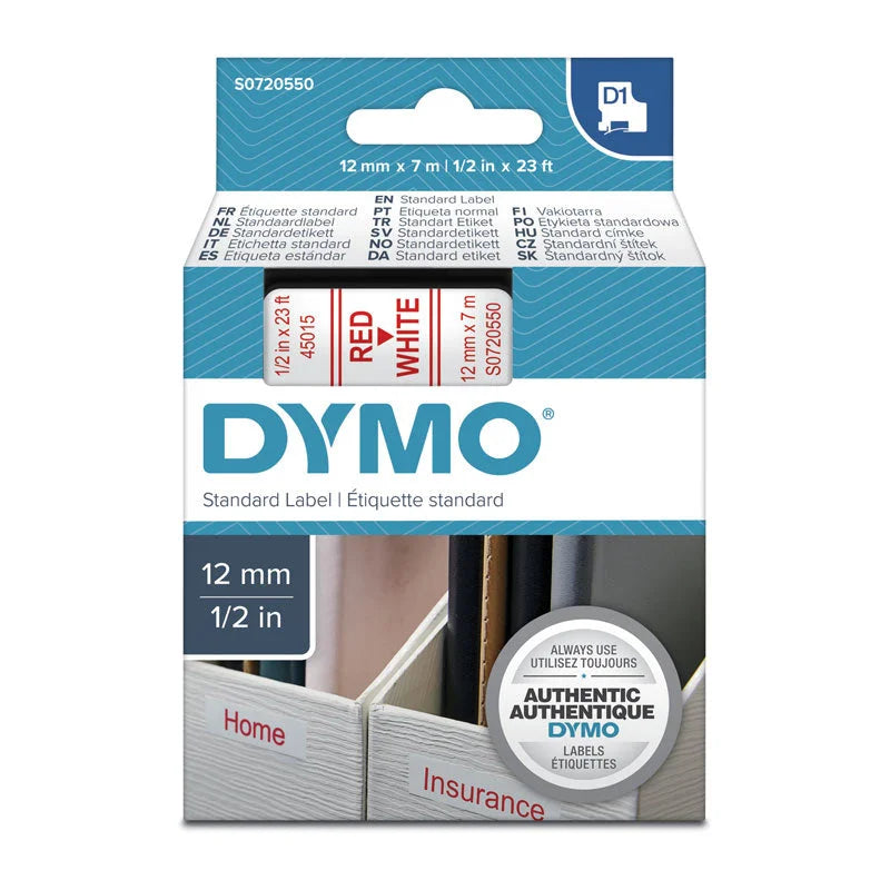 DYMO Red on White Tape 12mm x 7m