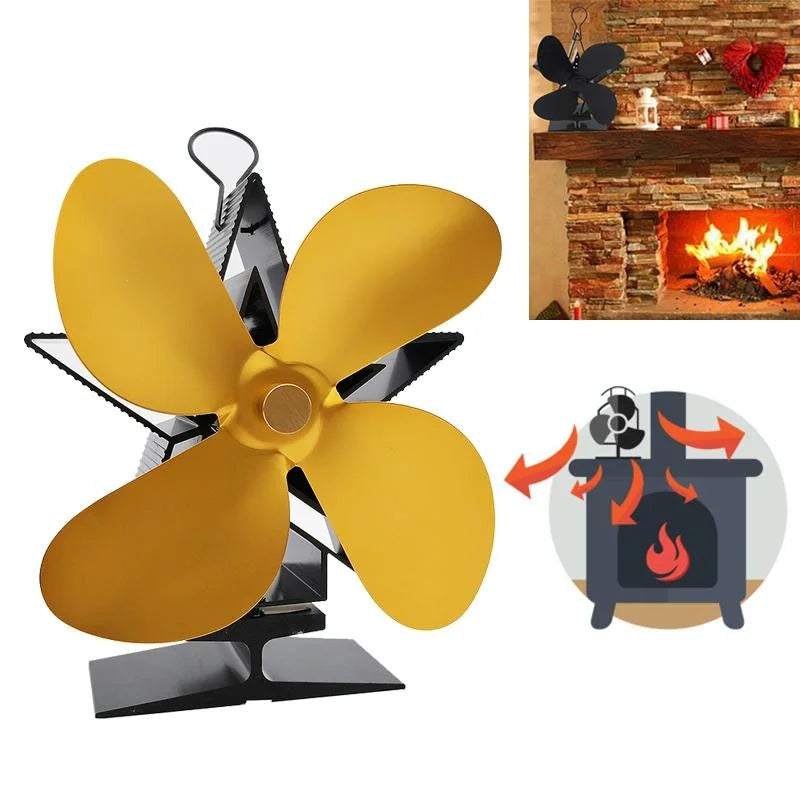 Efficient 4 blade Heat powered Stove Fan aluminum gold
