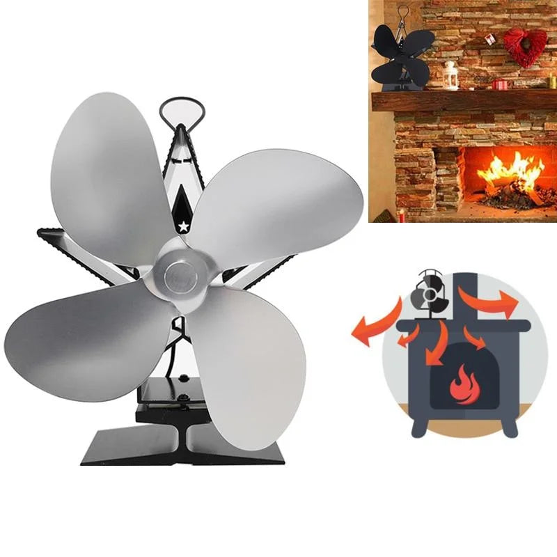 Efficient 4-blade Heat-powered Stove Fan - Aluminum