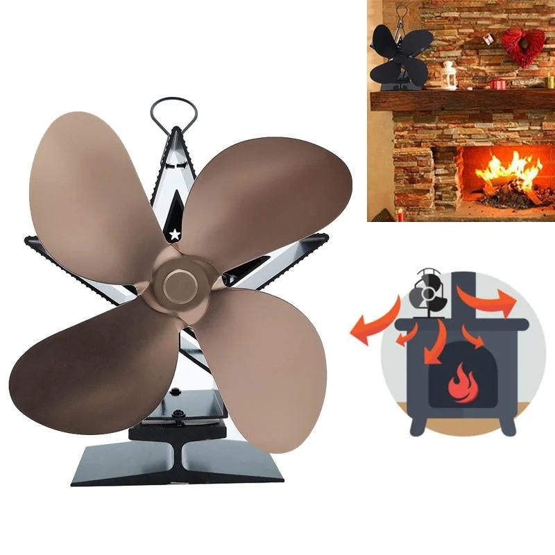 Efficient 4-blade Heat-powered Stove Fan - Aluminum