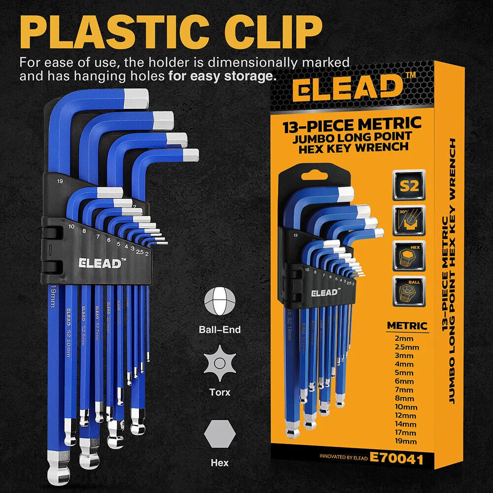 ELEAD Extra Large Hex Key Set 13Pc Long Allen Wrench Ball