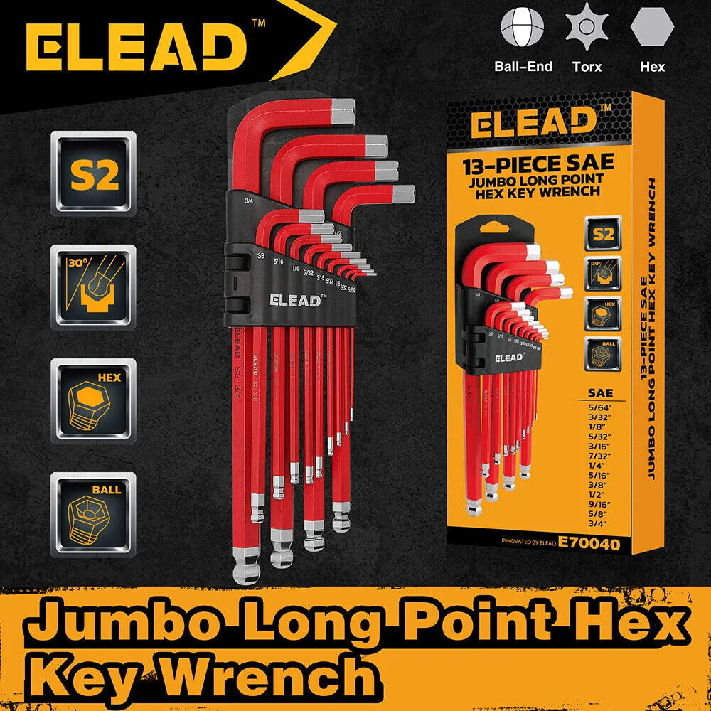 ELEAD Extra Large Hex Key Set 13Pc Long Allen Wrench Ball