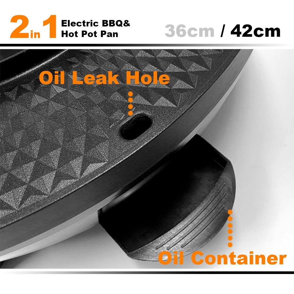 Electric 2 In 1 Non-Stick BBQ Plate Hot Pot Pan For Party