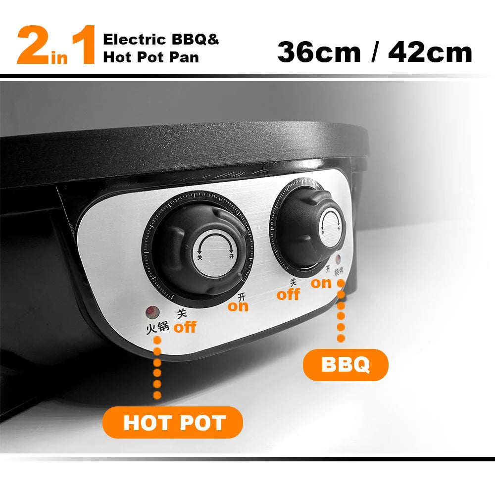 Electric 2 In 1 Non-Stick BBQ Plate Hot Pot Pan For Party