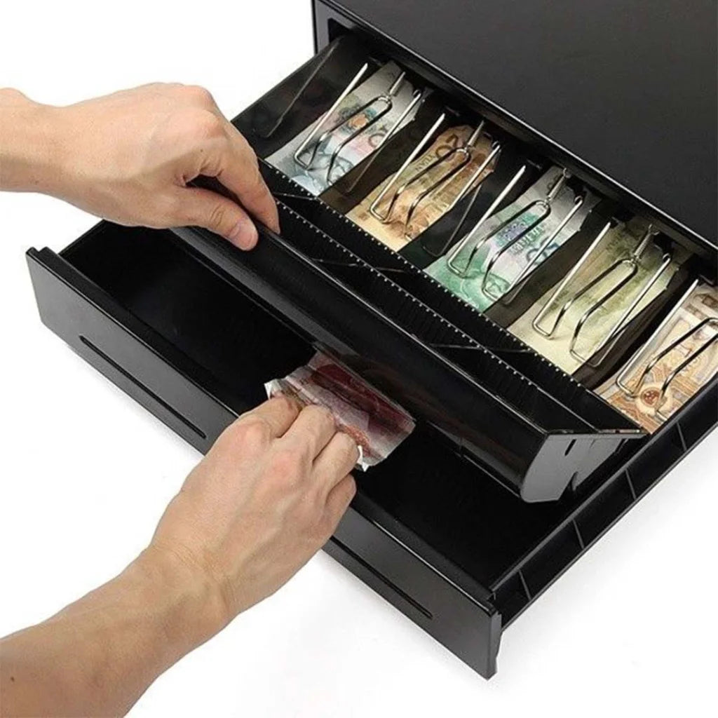 Electronic Cash Drawer Set Premium 2X Heavy Duty 4 Bills 8 Coins Cheque Slot POS 410 - Black