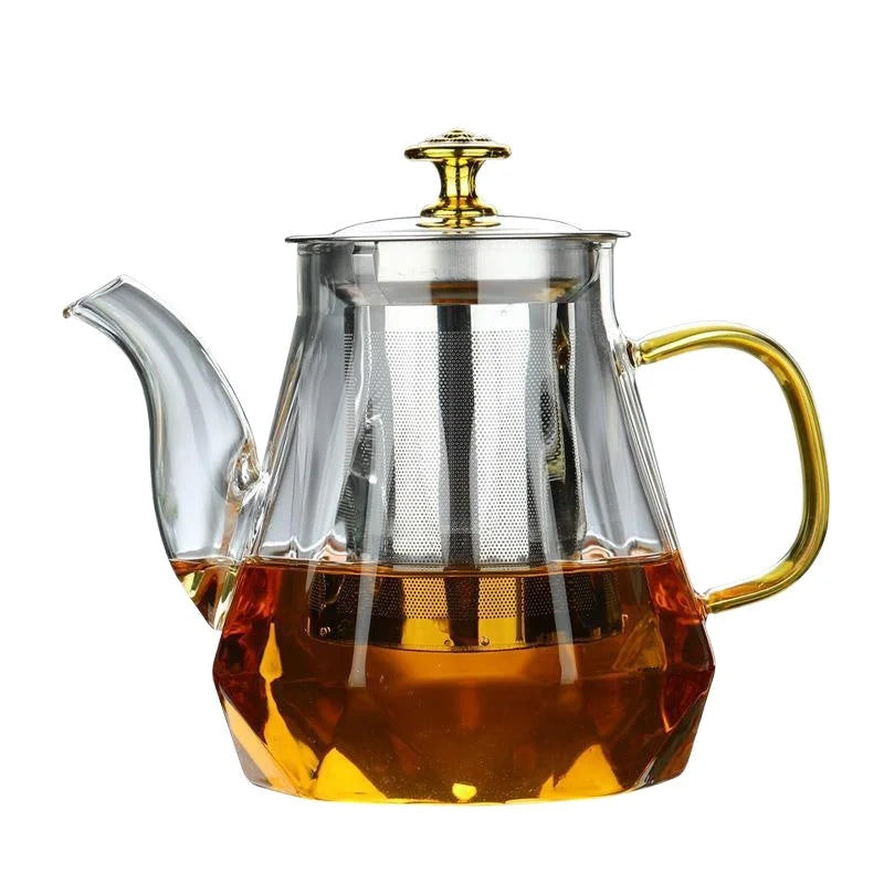 Elegant Glass Teapot with Gold Handle and Stainless Steel