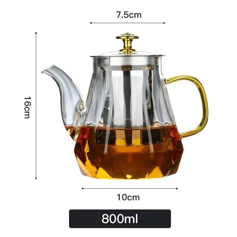 Elegant Glass Teapot with Gold Handle and Stainless Steel