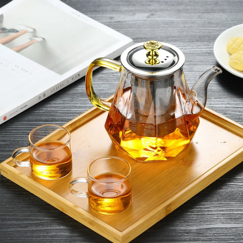 Elegant Glass Teapot with Gold Handle and Stainless Steel