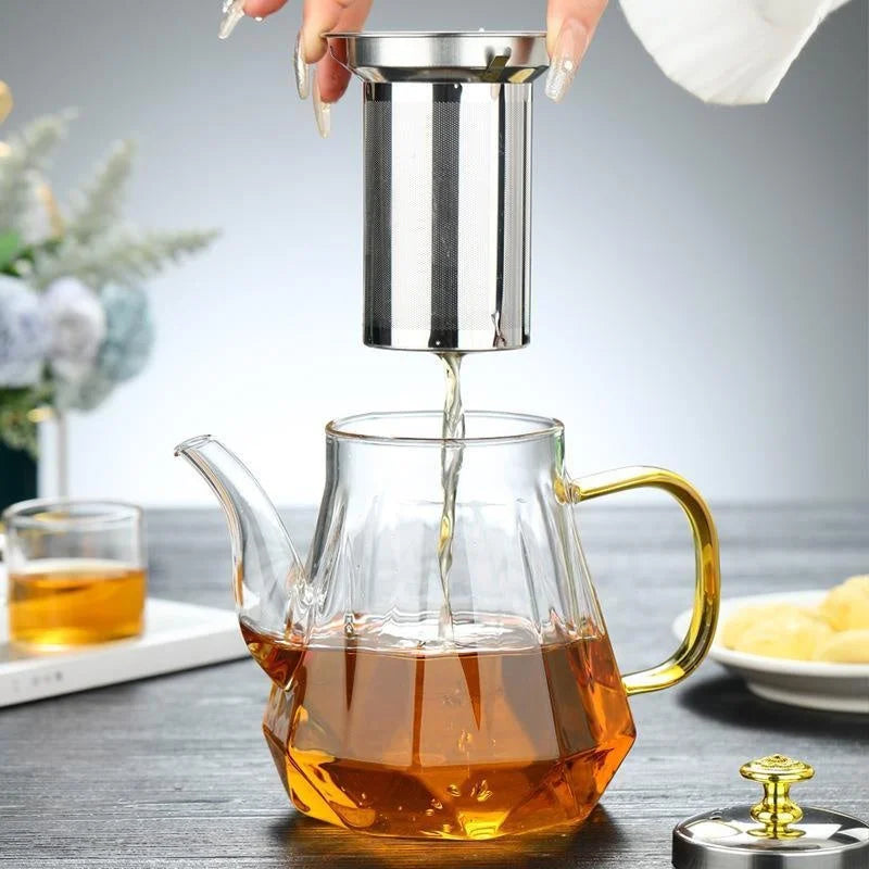 Elegant Glass Teapot with Gold Handle and Stainless Steel