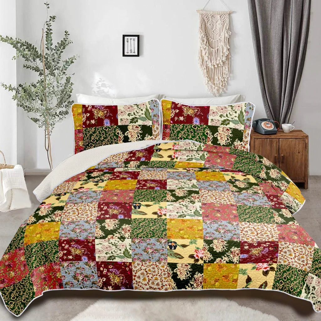 Elegant patchwork Quilted multicolour 3 Pc Bedspread &