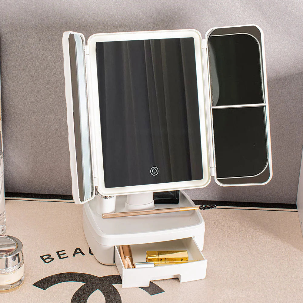 Elegant Tri-Fold Shell LED Vanity Mirror - Smart Makeup