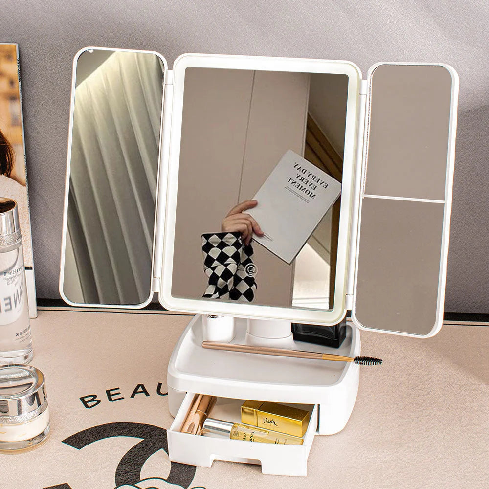 Elegant Tri-Fold Shell LED Vanity Mirror - Smart Makeup