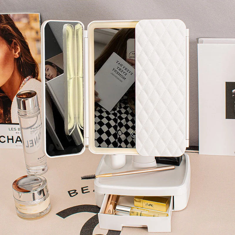 Elegant Tri-Fold Shell LED Vanity Mirror - Smart Makeup