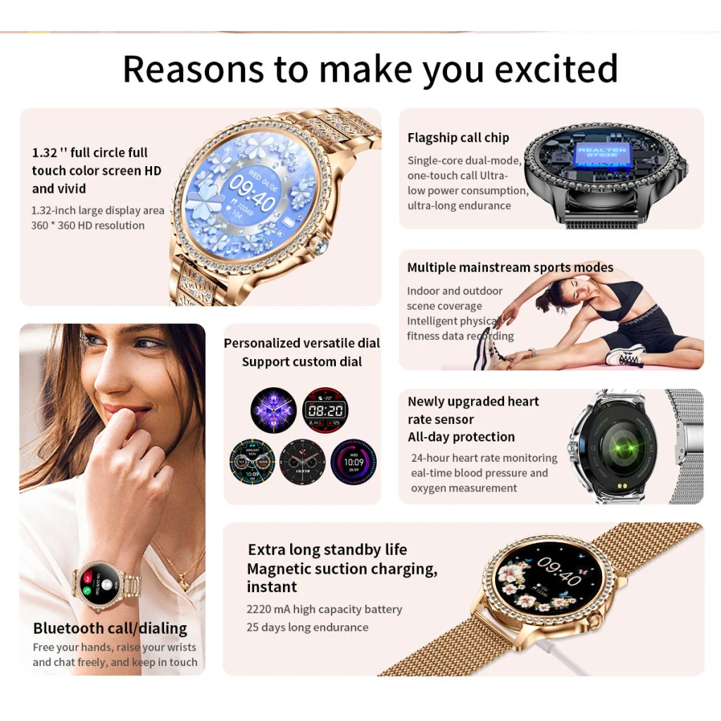 Elegant Women’s Smartwatch,HD Touchscreen Bluetooth Calls