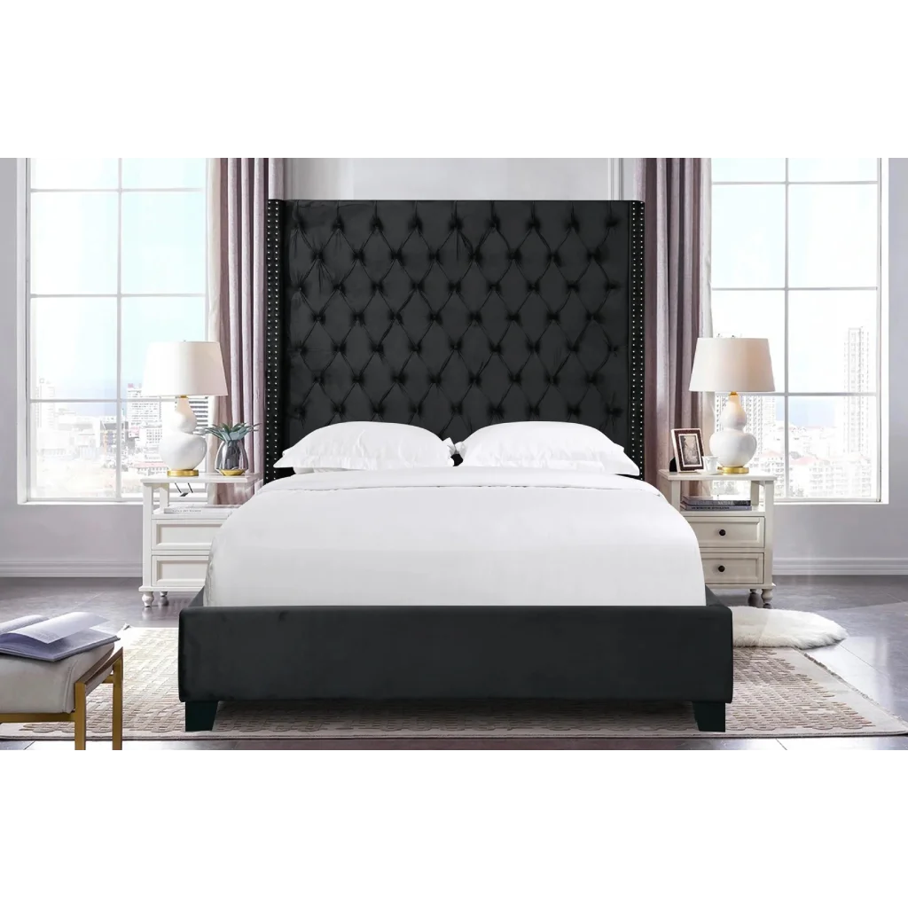 Ella Black Velvet Winged Bed 180cm - King - Furniture >
