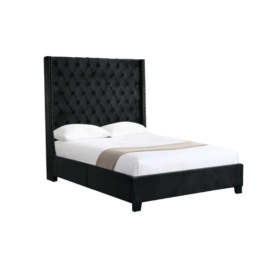 Ella Black Velvet Winged Bed 180cm - King - Furniture >