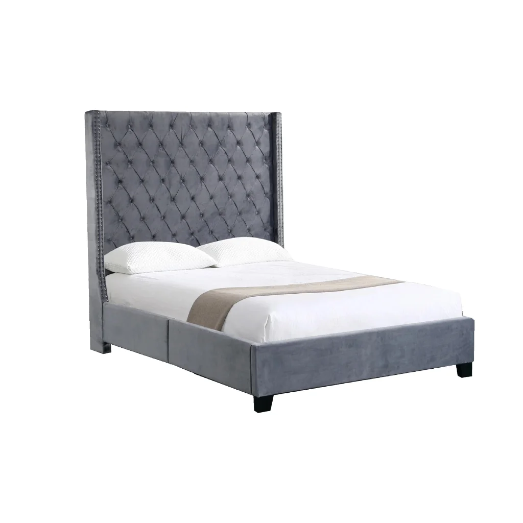 Ella Grey Velvet Winged Bed 180cm - Queen - Furniture >