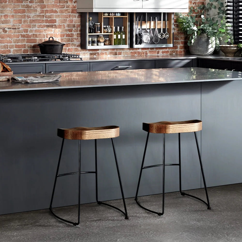 Elm Wood Backless Bar Stools (Set of 2) 65cm Black/Light