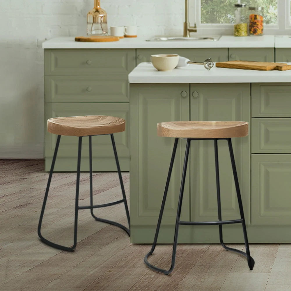 Elm Wood Backless Bar Stools (Set of 2) 65cm Black/Light