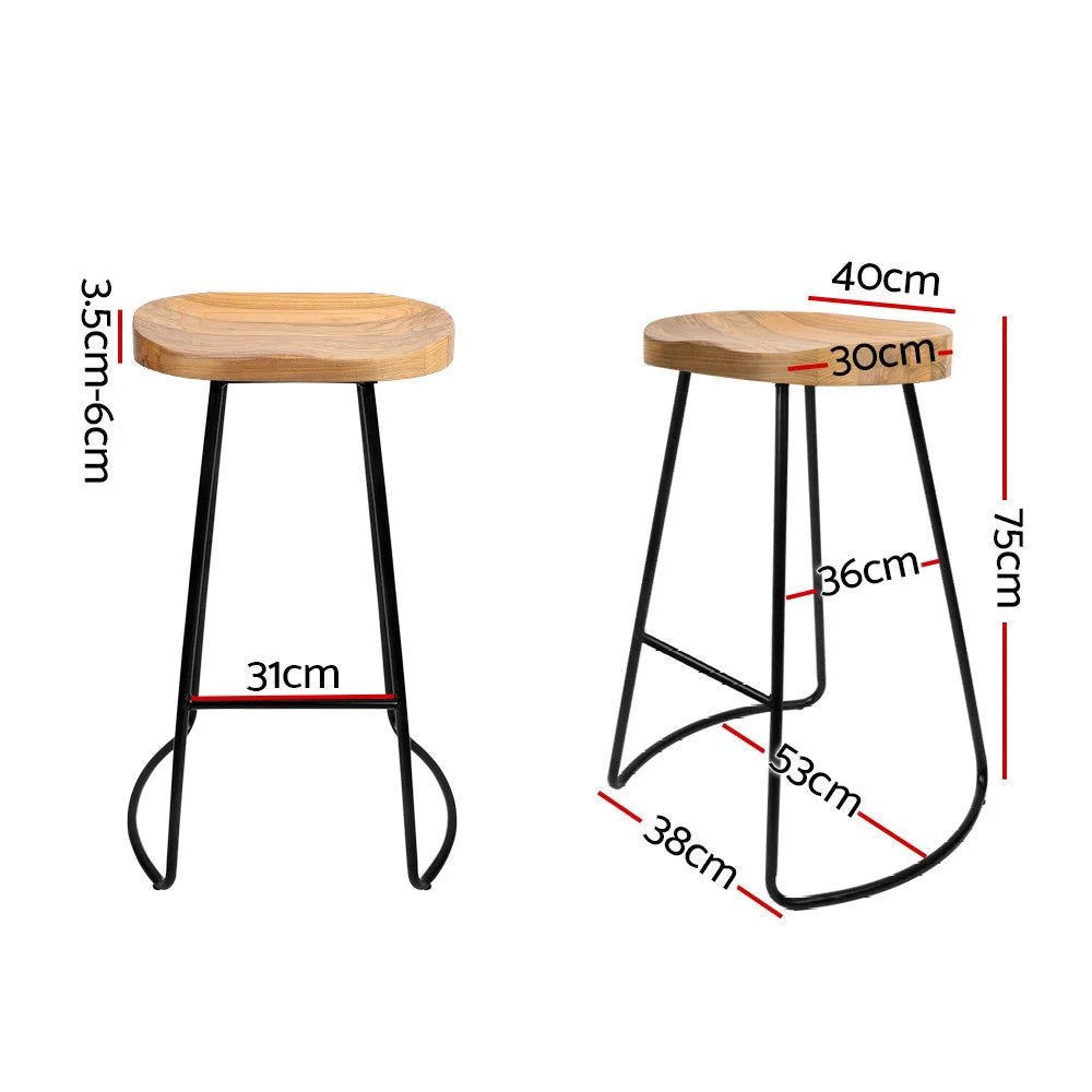 Elm Wood Backless Bar Stools Set of 4 - 75cm Black and Light Natural