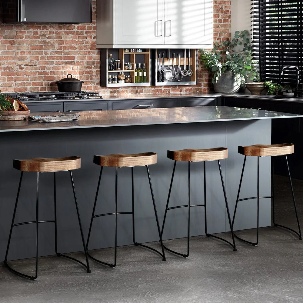 Elm Wood Backless Bar Stools Set of 4 - 75cm Black and Light Natural