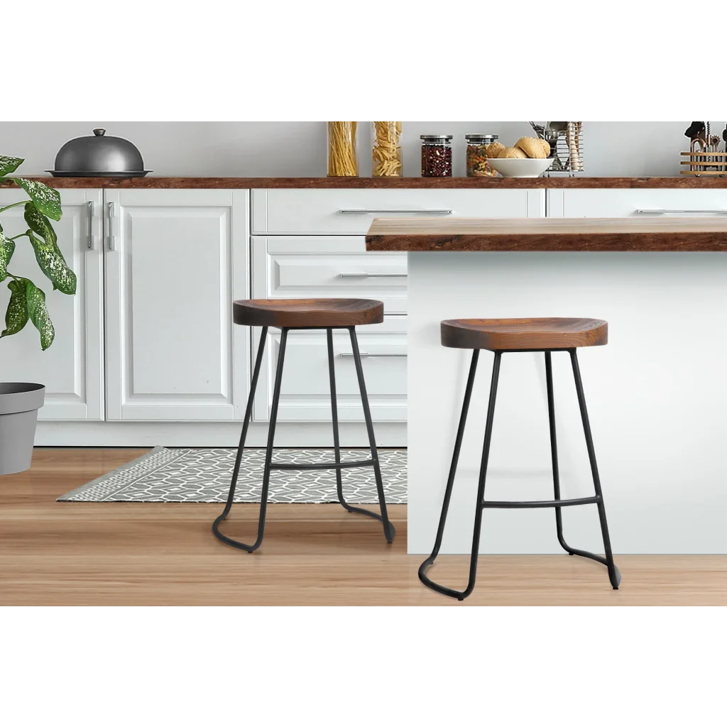 Elm Wood Bar Stools (Set of 2) Backless 65cm Black/Dark