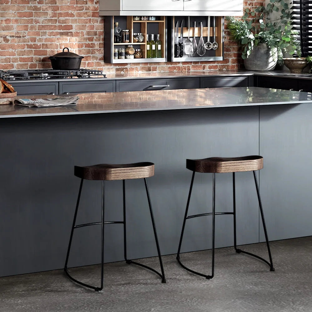 Elm Wood Bar Stools (Set of 2) Backless 65cm Black/Dark