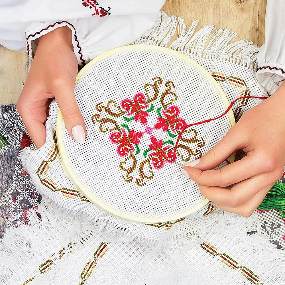 Embroidery starter kit with compact layout and accessory details