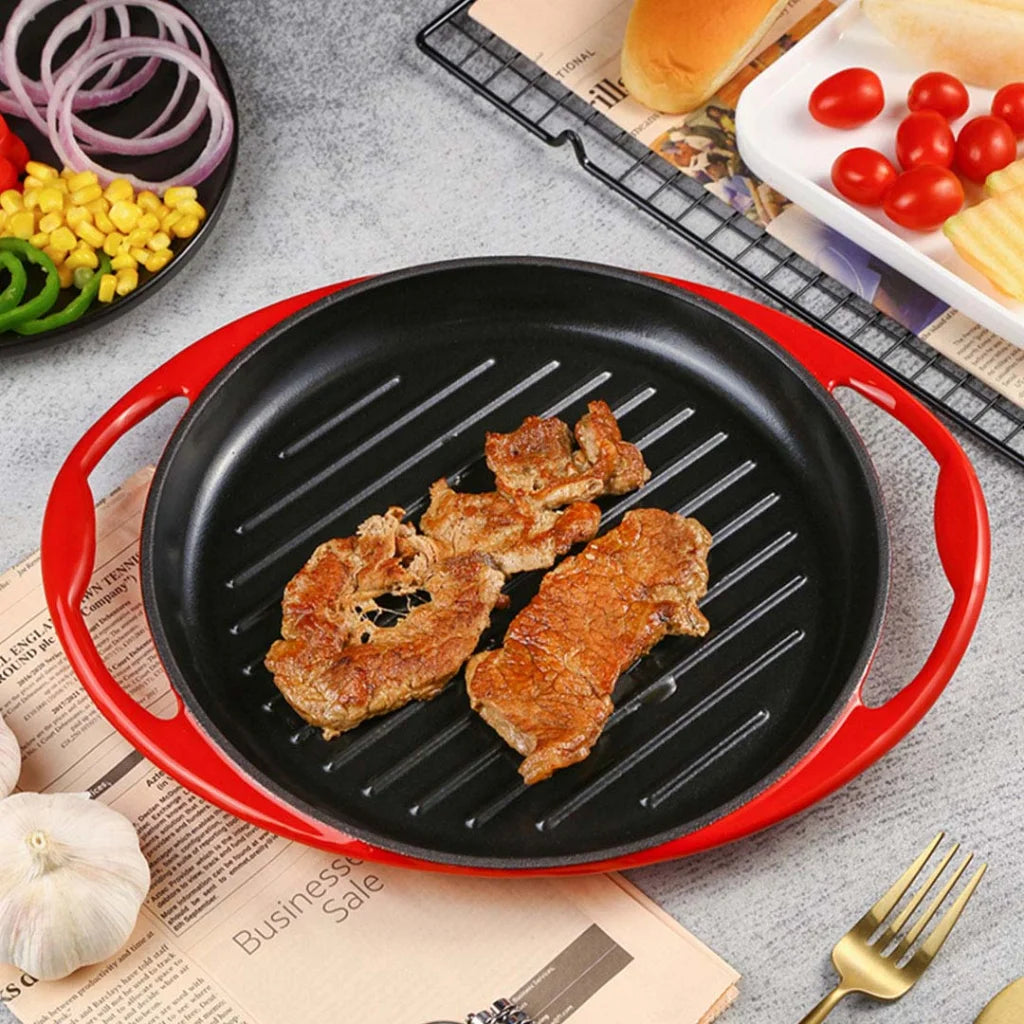 Enamel Porcelain Cast Iron Frying Pan Skillet Non-Stick Coating Steak Sizzle Platter 26cm - Premium
