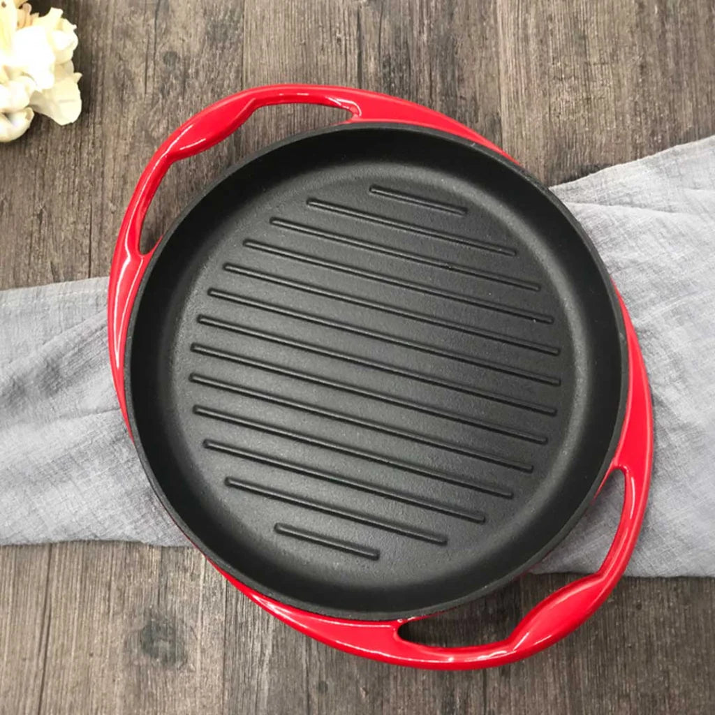 Enamel Porcelain Cast Iron Frying Pan Skillet Non-Stick Coating Steak Sizzle Platter 26cm - Premium