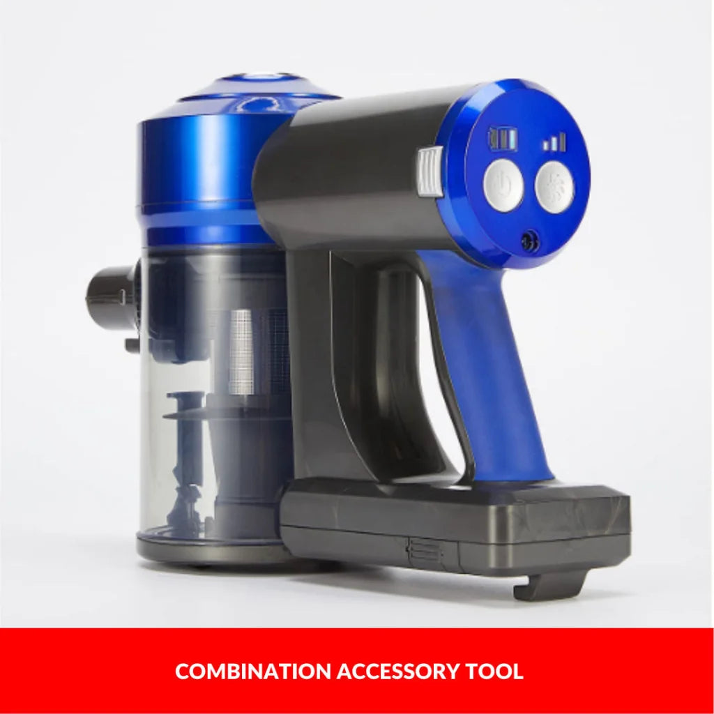 Blue enigma cordless stick with lower casing and fitted base