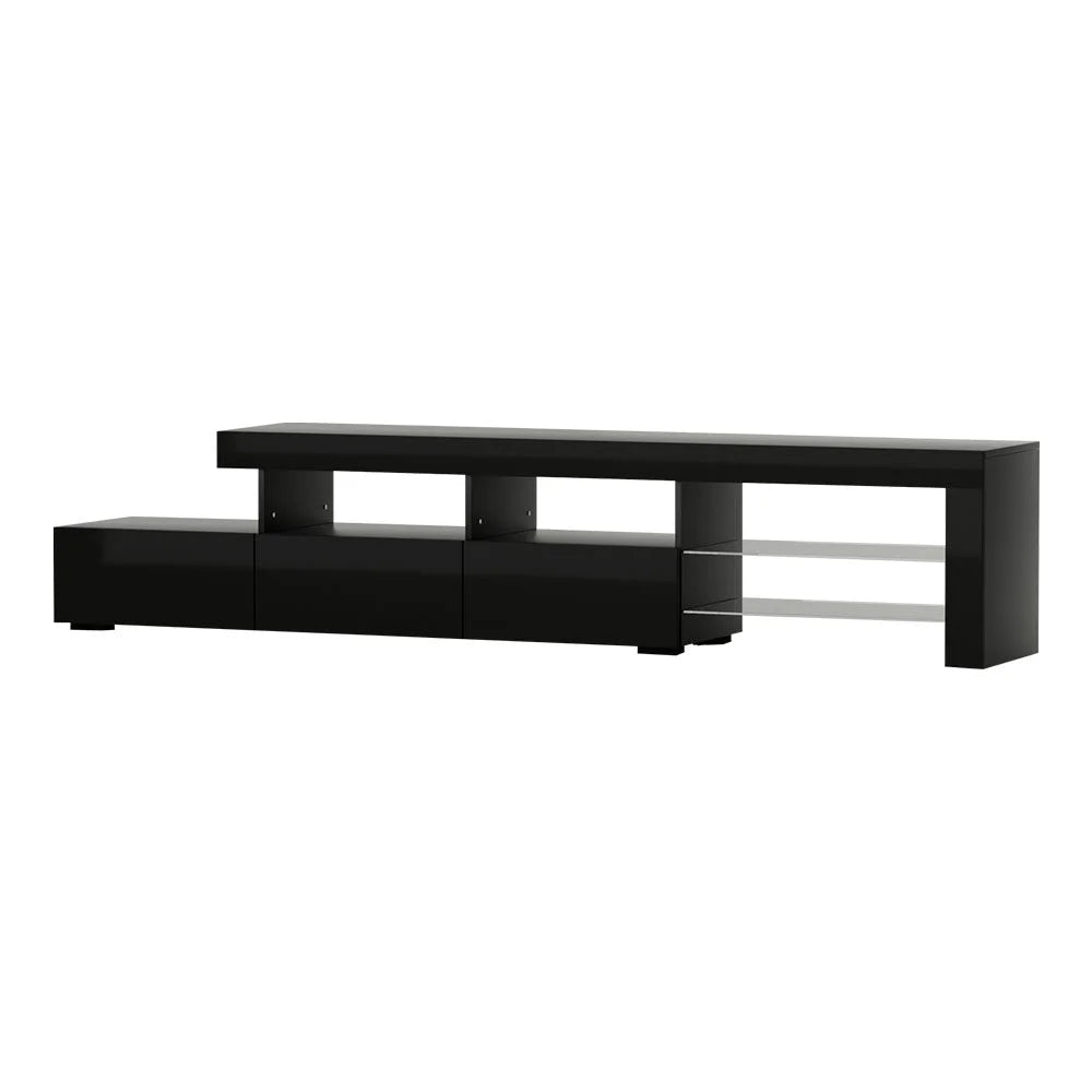Black 215cm TV stand with tiered shelves and metal supports