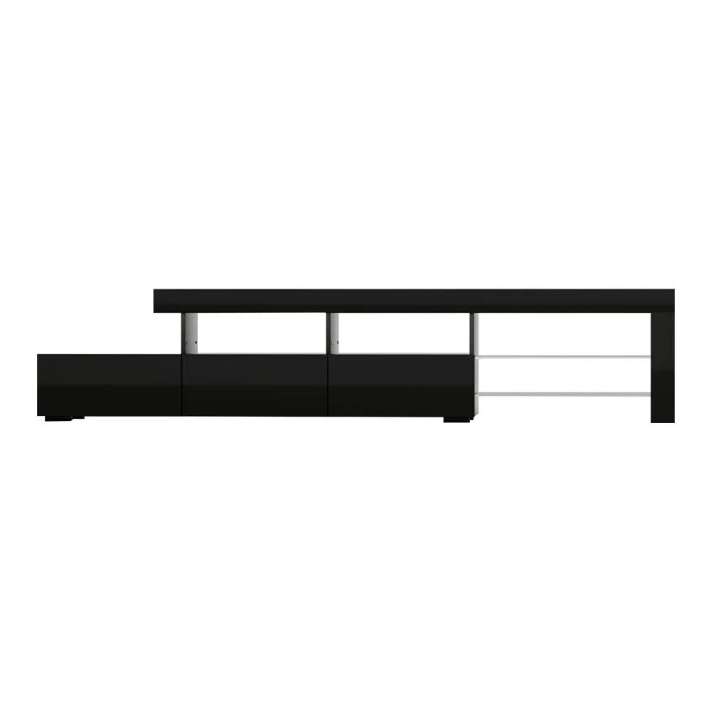 Black 215cm TV stand with adjustable supports and fitted brackets