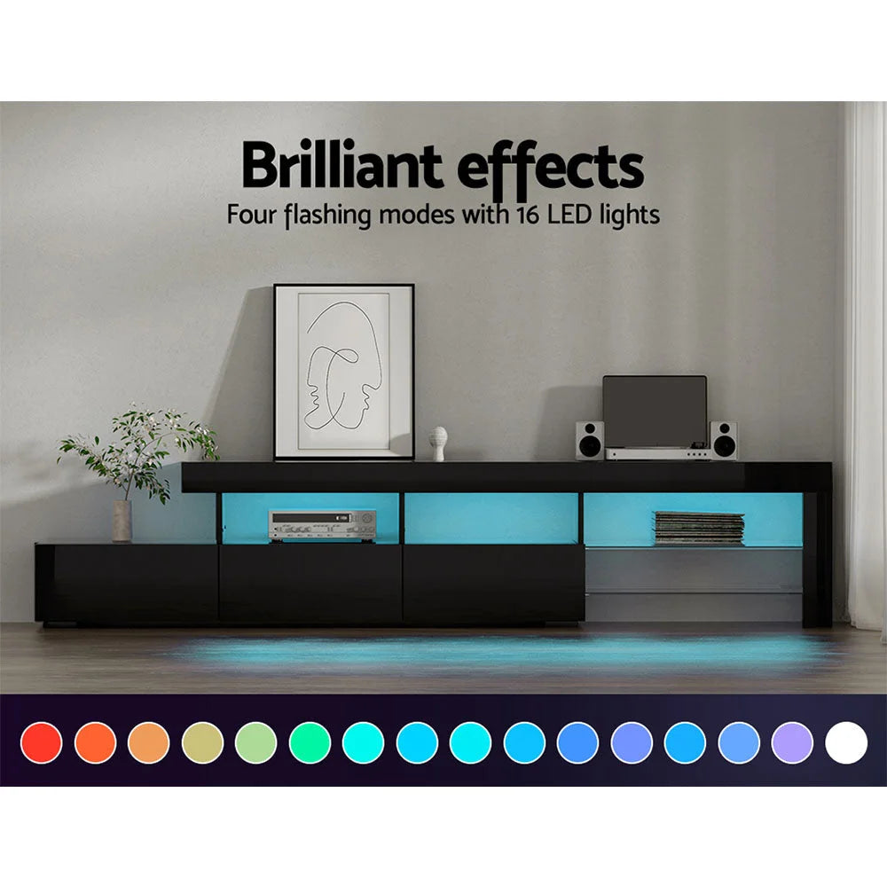 Black 215cm TV stand with upright supports and shelf tiers