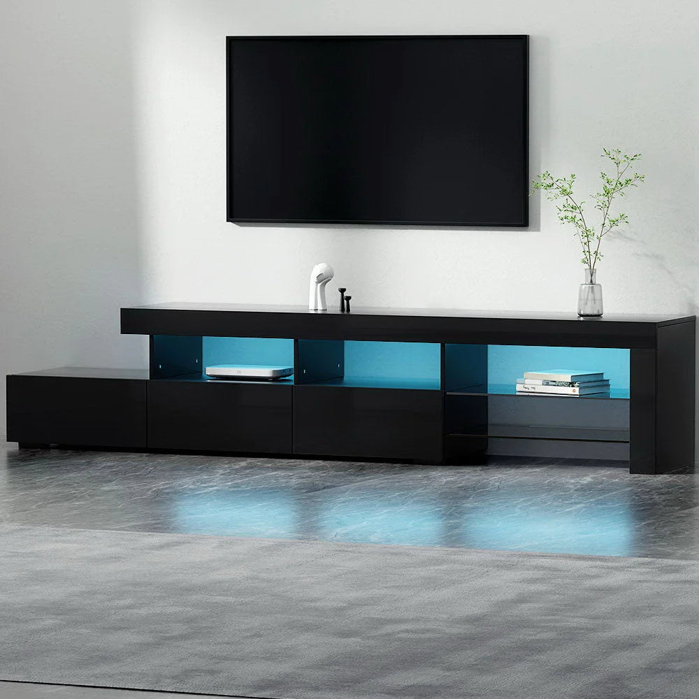 Black 215cm TV stand with open shelves and sturdy supports