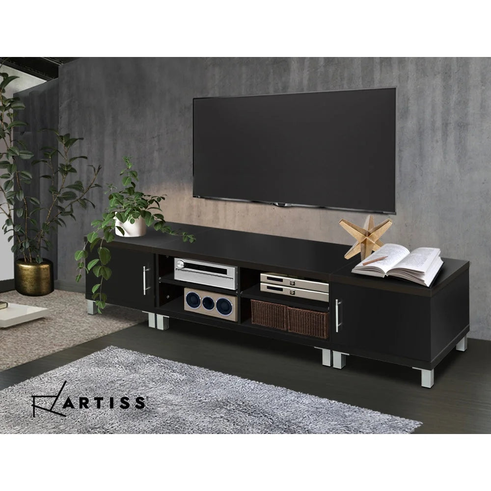 Black 190cm entertainment unit with wide TV console top and cupboard sections